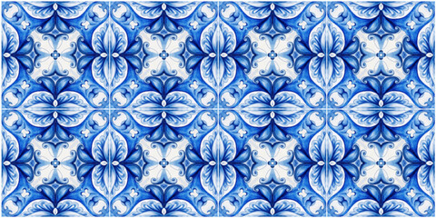 Vector decorative pattern blue and white design with frame or border. Baroque Vector mosaic. Traced watercolo. Capri Majolica	

