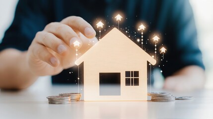 Man with hand over glowing house model and rising house icons. Real estate investment growth and property value appreciation concept.