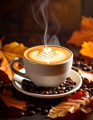 Warm Autumn Coffee with Latte Art and Falling Leaves