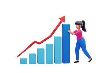 3d business woman pushing bar graph - business growth clipart isolated on transparent background