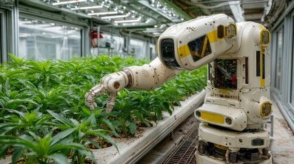 Futuristic robot tending to green plants inside a high-tech greenhouse, illustrating agriculture automation