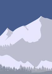 Landscape scene with mountain peaks, hill, lake vector illustration background.