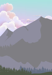 Landscape scene with mountain peaks, hill, lake vector illustration background.