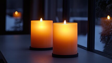 Two warm candles on a windowsill at night