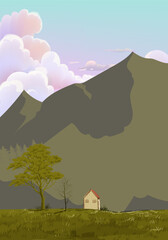 Landscape scene with mountain peaks, hill, lake vector illustration background.