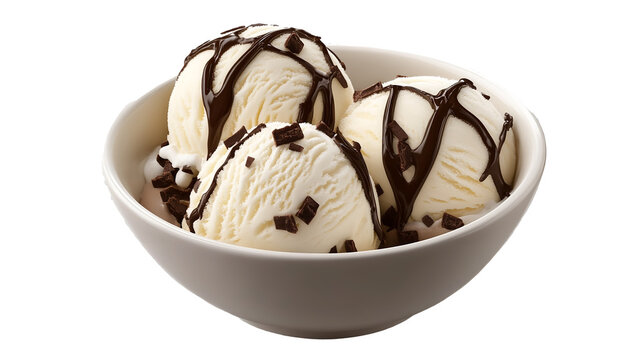 Vanilla ice cream with chocolate syrup and chips in bowl dessert sweet cold treat delicious yummy food on transparent background - Powered by Adobe