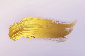 A single bold gold brushstroke on a soft pastel lilac background, with a subtle gold blot smear blending outward, creating a serene and minimalist abstract piece.