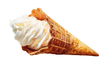 Watercolor of vanilla soft serve ice cream in waffle cone isolated on transparent background