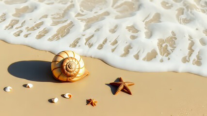 Realistic tropical beach set with seashells, starfish, sea foam, and golden sand under natural light. Ideal for summer, wellness, travel, and relaxation themes.