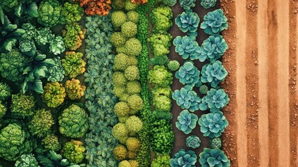 Aerial View of Lush Farmland: Diverse Crops and Cultivated Soil