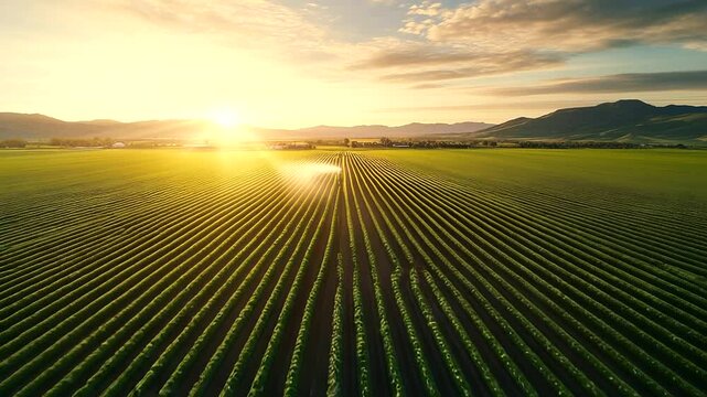 Long-arm pivot irrigation system rotating across vast vegetable crops, jets of water arcing gracefully under a golden sky, symbolizing modern eco-friendly agriculture