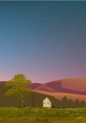 Landscape scene with mountain peaks, hill, lake vector illustration background.