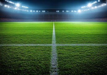 Obraz premium Night Stadium Green Field Under Bright Lights, Empty Seats