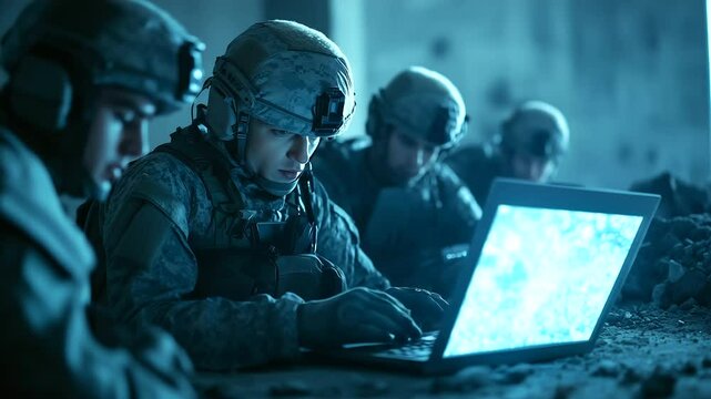 Military team in urban combat gear studies terrain and enemy zones on glowing laptop display, abandoned concrete structure filled with debris around them