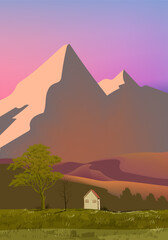 Landscape scene with mountain peaks, hill, lake vector illustration background.
