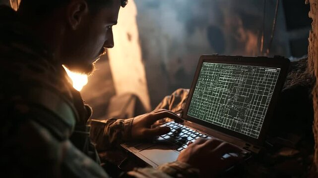 Military unit scans grid coordinates on rugged laptop display, crouched inside bullet-scarred room lit by slivers of daylight