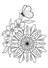 Butterflies and Flowers Mandala Coloring Page – Hand-drawn Line Art for Kids and Adults