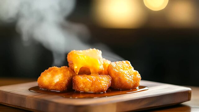 Mouthwatering plate of honey-drenched chicken nuggets, steam rising as golden glaze pools on wooden serving board, styled for a restaurant menu