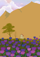 Landscape scene with mountain peaks, hill, lake vector illustration background.