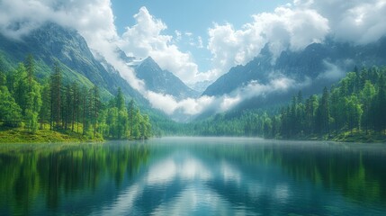 Scenic mountain lake in Altai. Calm water reflects surrounding hills. Dense forest on the slopes. Misty clouds, summer season, nature landscape. Russia, scenic location, water reflection.