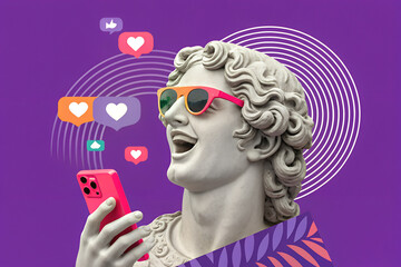 A classical statue holds a pink smartphone with social media icons floating around