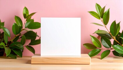Fototapeta premium Maqueta de tarjeta cuadrada blanca en blanco sobre una base de madera con fondo rosa y vegetación.