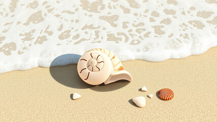Realistic tropical beach set with seashells, starfish, sea foam, and golden sand under natural light. Ideal for summer, wellness, travel, and relaxation themes.