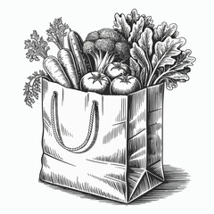 A Detailed Black and White Illustration of Fresh Vegetables in a Paper Bag