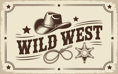 Vintage Wild West Illustration Cowboy Hat, Lasso, Sheriff's Badge