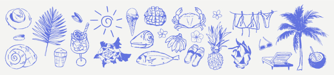 Tropical crayon scribble sketched set. Summer marine elements in grunge chalk rough sketch style. Hand drawn vector illustration of sea nautical vacation. Watercolor, charcoal texture for design.