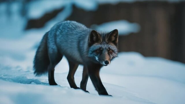 Majestic silver fox walking across snowy landscape during cold winter season
