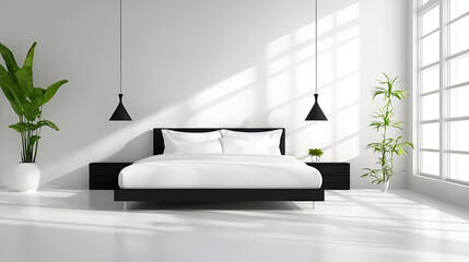 A bright and airy bedroom featuring a white king-sized bed and minimalistic black furniture