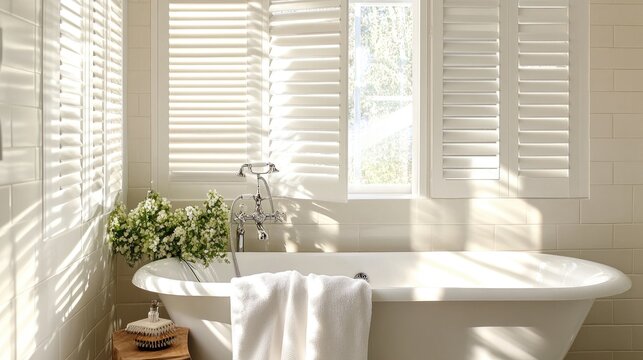 Bright and airy bathroom with white freestanding tub, sunlight streaming through plantation shutters