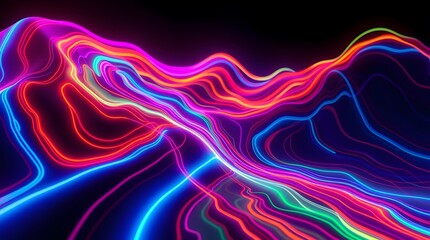A mesmerizing abstract background featuring numerous glowing neon lines in vibrant shades of pink, purple, orange, blue, and green, forming undulating
