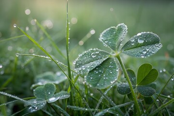 Close-Up of Dew-Covered Clover and Grass Blades  Fresh Morning Nature Macro