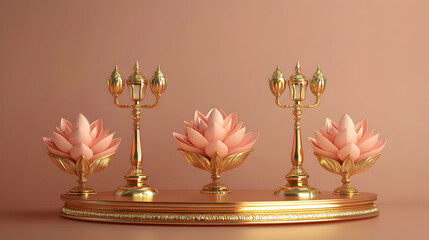 Elegant arrangement of lotus flowers and golden lanterns on a golden platform