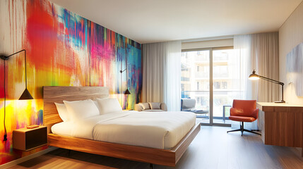 Fototapeta premium A bright modern bedroom with an artistic feature wall, sleek furniture, and a cozy atmosphere