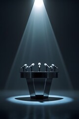 Spotlighted Podium &ndash; Microphones Ready for Press Conference Speech