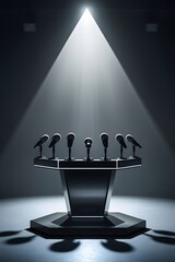 Spotlighted Podium &ndash; Microphones Ready for Press Conference Speech