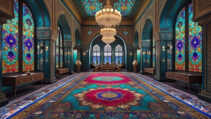 Obraz premium A lavish hall with stained glass windows, chandeliers, and a colorful ornate carpet design inside