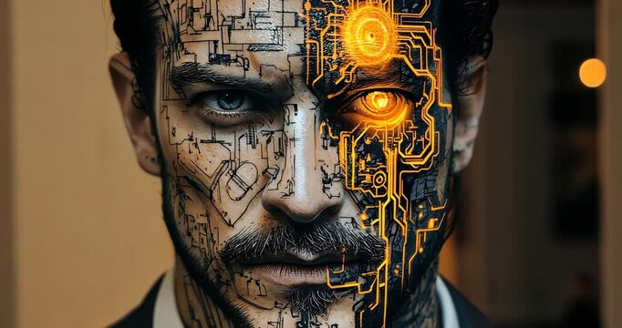 Close-up of a man's face, half human and half cyborg, with glowing orange circuitry.
