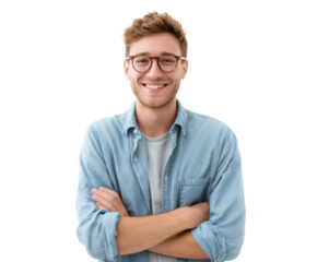 A happy young man with glasses smiles at the camera, arms crossed.