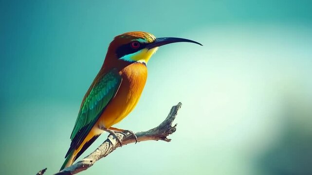 Vibrant european bee-eater perched gracefully on a branch against a soft sky backdrop