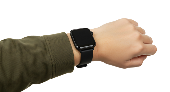 Person wearing black smartwatch isolated on transparent background