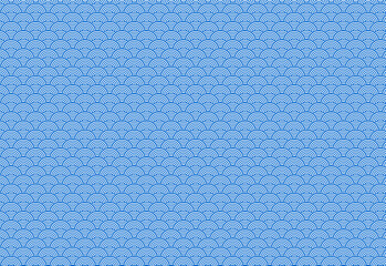 Geometric fish scale pattern from blue semi-circular lines on a white background. Modern and abstract design, ideal for textiles, packaging, or minimalist backgrounds. Elegant, stylish.