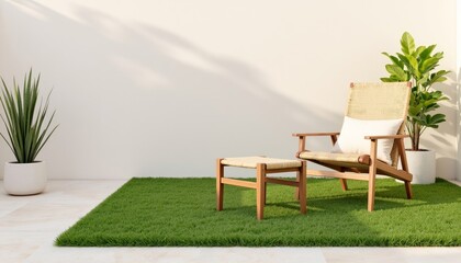Cozy outdoor seating area featuring a wooden lounge chair and footrest on artificial grass, surrounded by potted plants against a clean white wall, perfect for relaxation and leisure