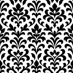 Black and white, symmetrical, floral, damask, ornate, seamless pattern