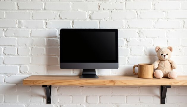 Modern workspace featuring a sleek computer monitor on a wooden shelf, accompanied by a cute teddy bear and a ceramic mug, creating a cozy and inviting atmosphere for productivity