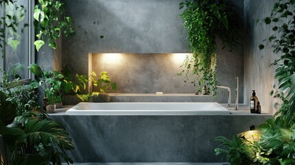 Built-in bathtub with modern tile surround, recessed lighting, and indoor plants