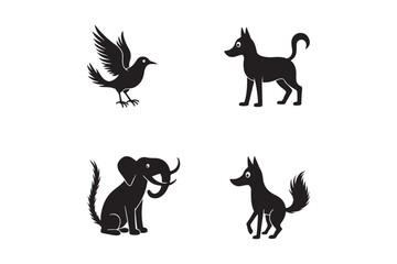 Animal Silhouette Icon Set Bird, Dog, Elephant, and Fox Vector Illustrations